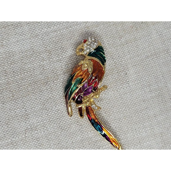 Vintage Parrot Tropical Enamel Clear Rhinestone Goldtone Pin Brooch Jewelry - Picture 1 of 5